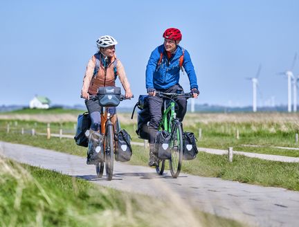 Zwei Radfahrende unterhalten sich während des Fahrens und im Hintergrund sind Windmühlen zu erkennen.